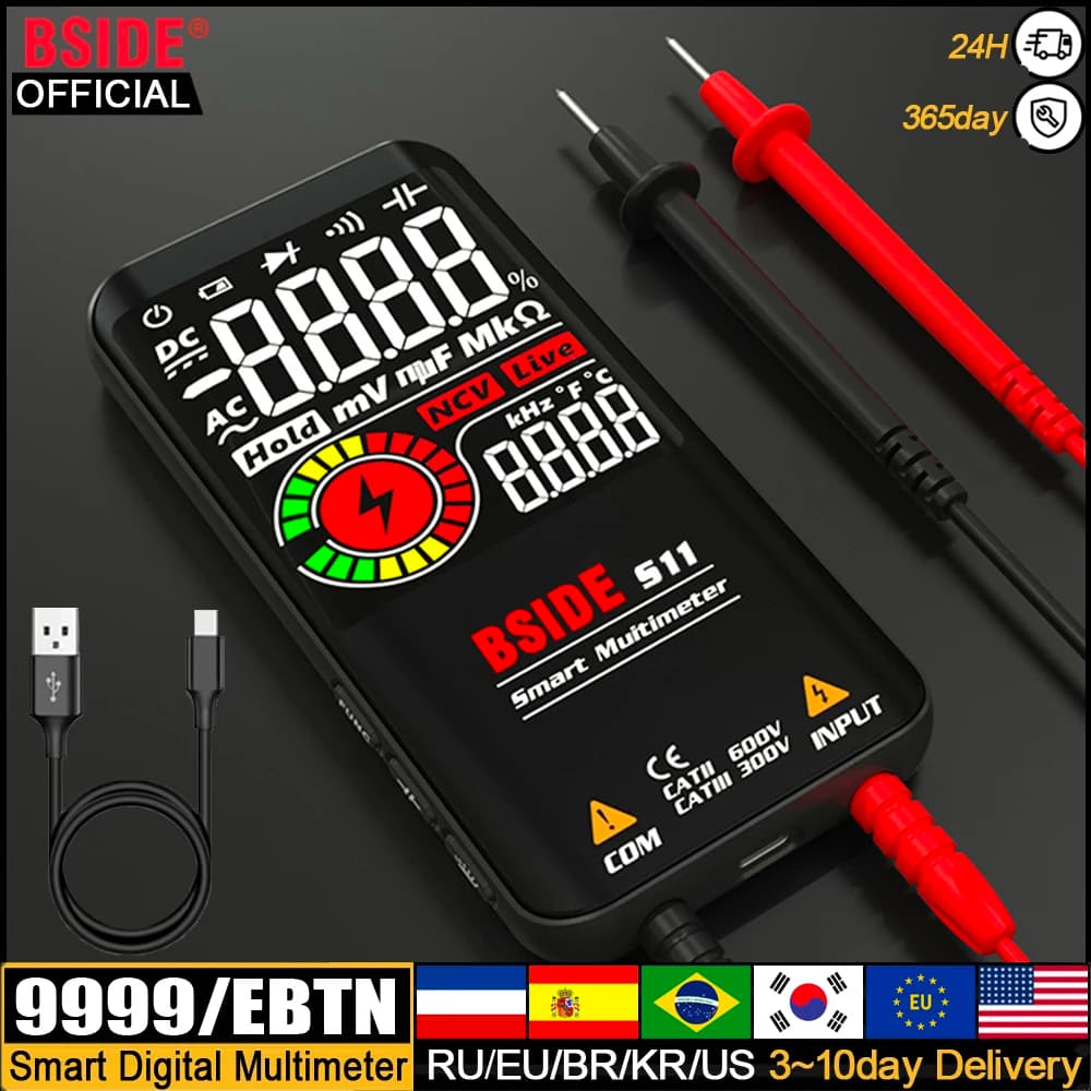 BSIDE Professional Digital Multimeter Smart 9999 EMF Multitester DC AC Voltage Capacitor Ohm Diode Live Electric Tester USB Char
