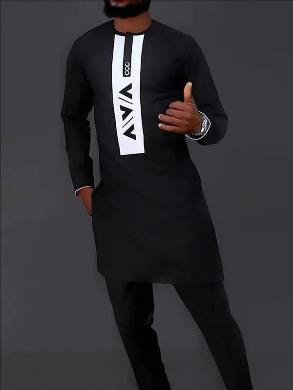 Men's Casual Black and Gold Print Two-Piece Set
