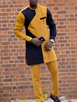 Men's Casual Black and Gold Print Two-Piece Set