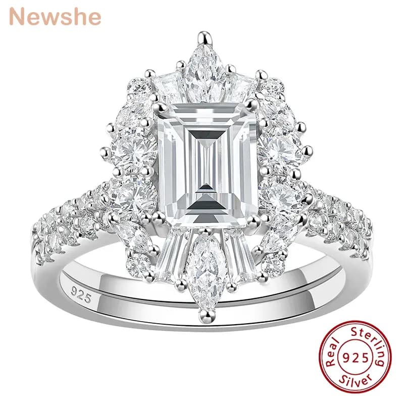 Newshe Vintage Emerald Cut Wedding Ring Set Engagement Rings for Women 925 Sterling Silver 5A Cubic Zirconia Fine Jewelry Gift