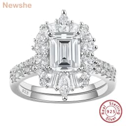 Newshe Vintage Emerald Cut Wedding Ring Set Engagement Rings for Women 925 Sterling Silver 5A Cubic Zirconia Fine Jewelry Gift