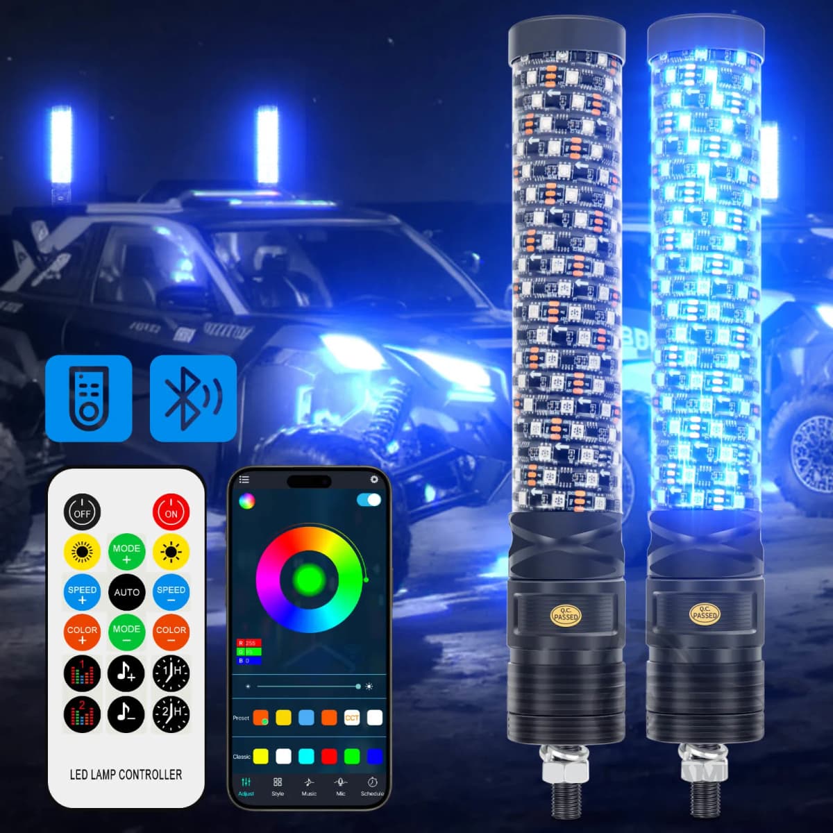 2PCS 1FT Fat Bluetooth Remote Control Colorful Spiral LED Whip Lights Lighted Antenna Whips for ATV Polaris RZR Flagpole Lamp