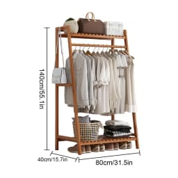 Wooden Garment Coat Clothes Hanging Heavy Duty Rack with top shelf and 2-tier Shoe Clothing Storage Organizer Shelves