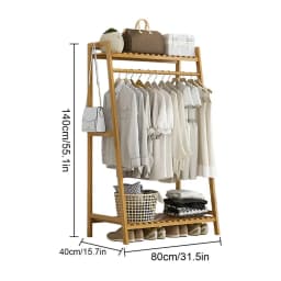 Wooden Garment Coat Clothes Hanging Heavy Duty Rack with top shelf and 2-tier Shoe Clothing Storage Organizer Shelves