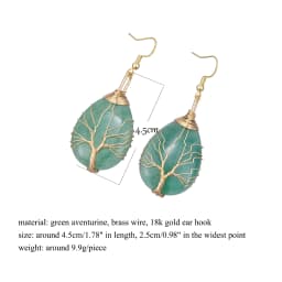 Handmade Teardrop Green Aventurine Crystal Dangle Earrings for Women, Wire Craft Tree of Life Earrings