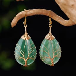 Handmade Teardrop Green Aventurine Crystal Dangle Earrings for Women, Wire Craft Tree of Life Earrings