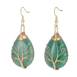 Handmade Teardrop Green Aventurine Crystal Dangle Earrings for Women, Wire Craft Tree of Life Earrings