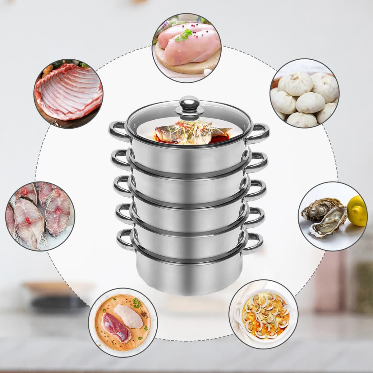 5 Tier 26 / 28 / 30cm Steam Cooker Steamer Pan Cook Food Veg Pot Stainless Steel