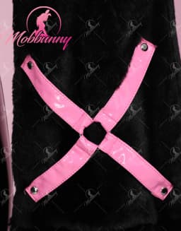 Mobbunny Women's Sexy Leather Jumpsuit V-neck Tight Bodysuit and Hooded Sweatshirt with Furry Paw Gloves and Chest Plate