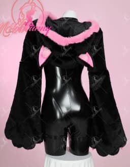 Mobbunny Women's Sexy Leather Jumpsuit V-neck Tight Bodysuit and Hooded Sweatshirt with Furry Paw Gloves and Chest Plate