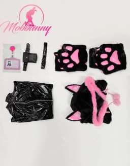 Mobbunny Women's Sexy Leather Jumpsuit V-neck Tight Bodysuit and Hooded Sweatshirt with Furry Paw Gloves and Chest Plate