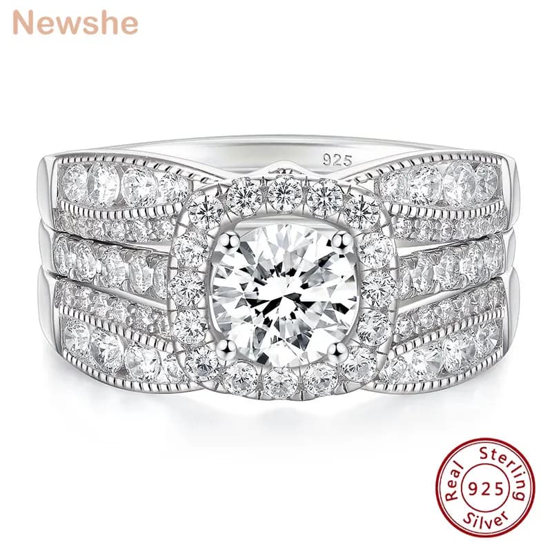Newshe 2Pcs Wedding Rings for Women 925 Sterling Silver Original Jewelry AAAAA Cz Engagement Ring Bridal Set Enhancers and Wraps