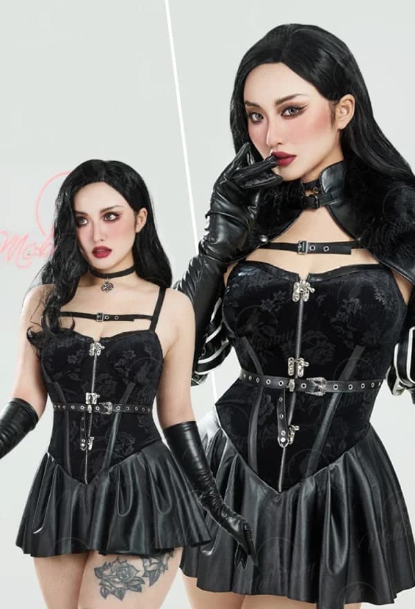 Mobbunny Women's Anime Lingerie Set Black Dress and Short Jacket with Gloves and Belt Cosplay Costume