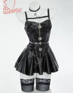 Mobbunny Women's Anime Lingerie Set Black Dress and Short Jacket with Gloves and Belt Cosplay Costume