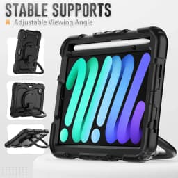 For iPad Mini 7 6 2024, Military Grade Shockproof Silicone Cover with 360 Folding Handle Grip + Handle Shoulder Strap
