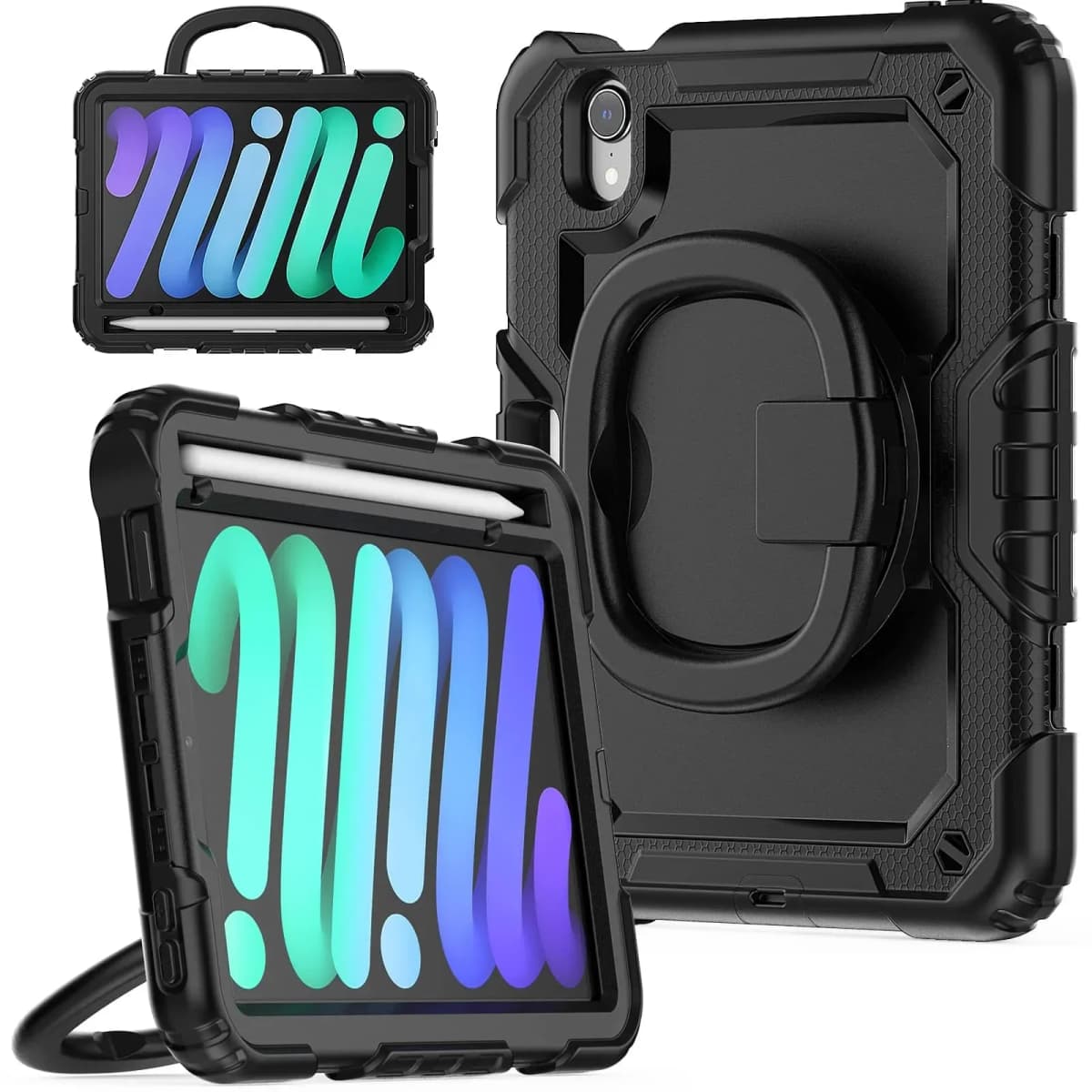 For iPad Mini 7 6 2024, Military Grade Shockproof Silicone Cover with 360 Folding Handle Grip + Handle Shoulder Strap