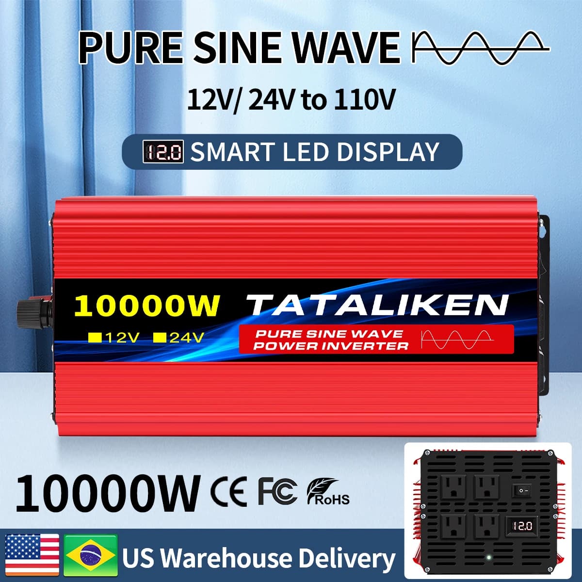 1600w-4500W 12V/24V to AC 110V 60Hz Pure Sine Wave Inverter Car Power Tranfermer Voltage Portable Converter with LED Display