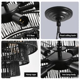24" Rustic 5-Tier Black Hemp Rope Pendant Light Chandelier with 8 E12 Sockets, Boho Farmhouse Ceiling Fixture,Dining,Kitchen