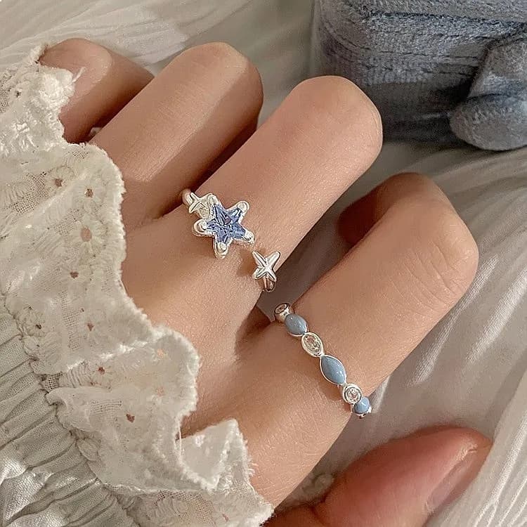 Fresh Sea Blue Zircon Star Ring Niche Drip Oil Design Open Ring Fashion Personalized Jewelry
