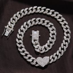 2Pc/Set Rapper Full Heavy Heart-shaped Cuban Link Bracelet Iced Women for Men Necklcae Chain Prong Pave Luxury Hiphop Jewelry Cz
