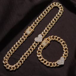 2Pc/Set Rapper Full Heavy Heart-shaped Cuban Link Bracelet Iced Women for Men Necklcae Chain Prong Pave Luxury Hiphop Jewelry Cz