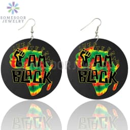 SOMESOOR I Am Black 1865 Juneteenth Day Wooden Drop Earrings For Women Gifts Rainbow Printing Fashion Loops Wood Ear Jewelry