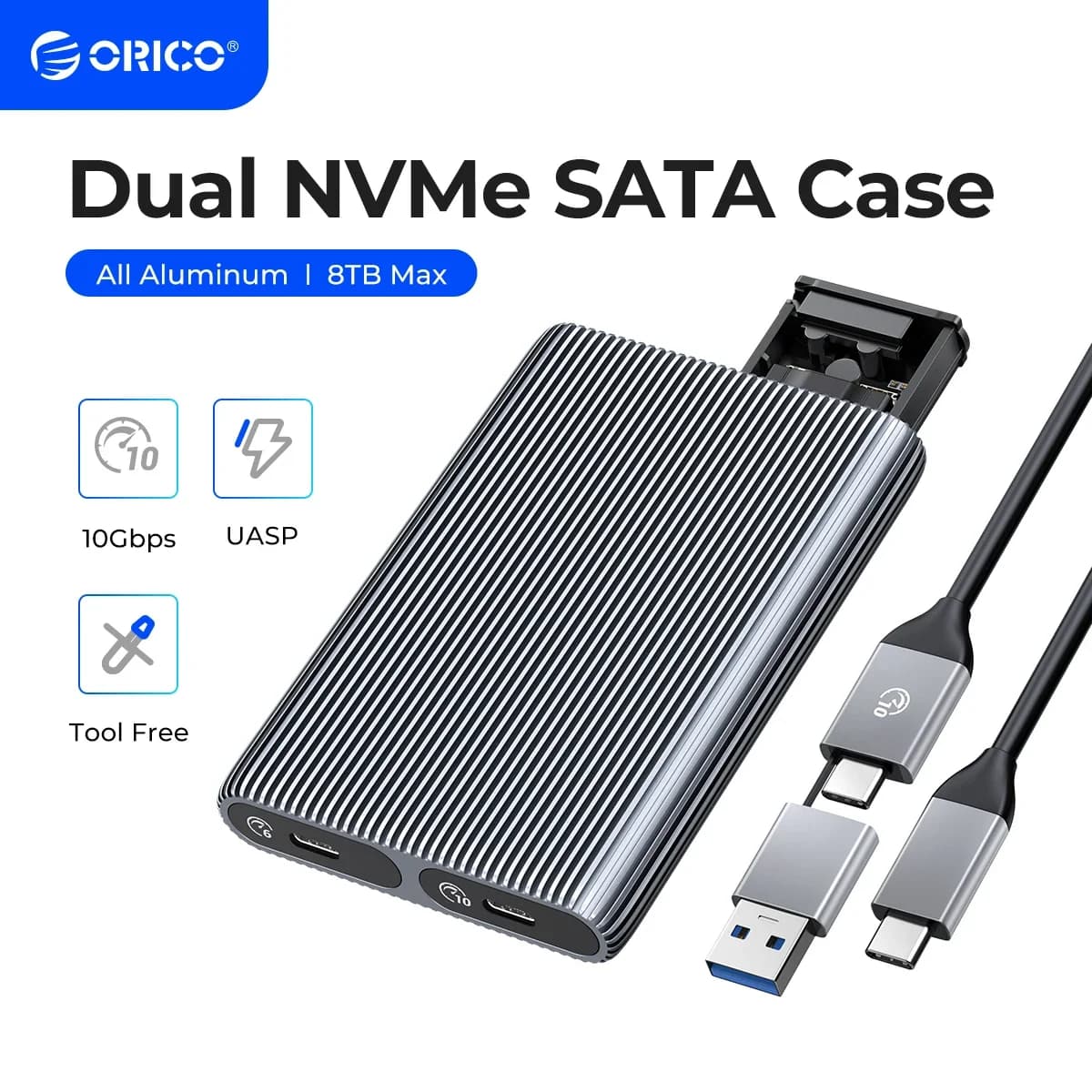 ORICO Dual Bay Aluminum M2 NVMe SSD Enclosure USB3.1 Gen2 10Gbps For M Key M&B Key NVMe PCIe SSD With Built-in Cooling Vest