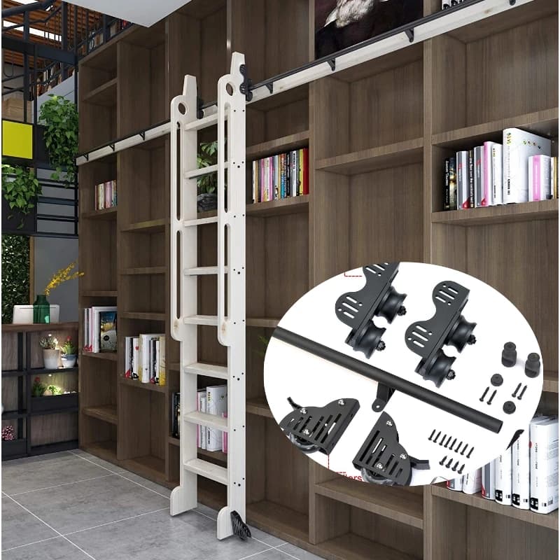 16FT(488cm) Retractable Sliding Library Hardware Kit No Ladder,Round Tube Rolling Ladder Track, Floor Roller with Brake