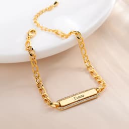 Custom Date Rectangle Engraved Name Bracelet Luxury Figaro Bracelet White Crystal Pendant Adjustable Bracelets 18K Gold Plated
