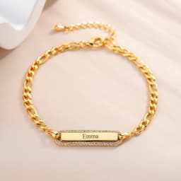 Custom Date Rectangle Engraved Name Bracelet Luxury Figaro Bracelet White Crystal Pendant Adjustable Bracelets 18K Gold Plated