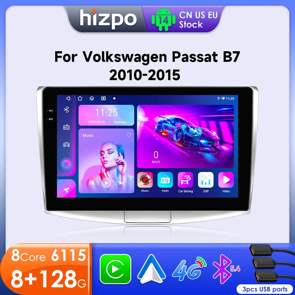 Hizpo Android Auto Radio For Volkswagen VW Passat B7 CC 2010-2015 Multimedia Player 2din AutoRadio GPS Stereo Carplay AI Voice