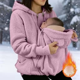 2 in 1 Warm Fleece Hoodie Coat with Baby Carrier Long Sleeve Faux Fur Plush Sweatshirt Outdoor Mom's Hoodie Jacket Baby Bag