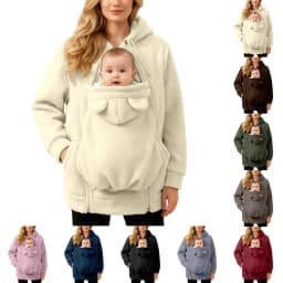 2 in 1 Warm Fleece Hoodie Coat with Baby Carrier Long Sleeve Faux Fur Plush Sweatshirt Outdoor Mom's Hoodie Jacket Baby Bag