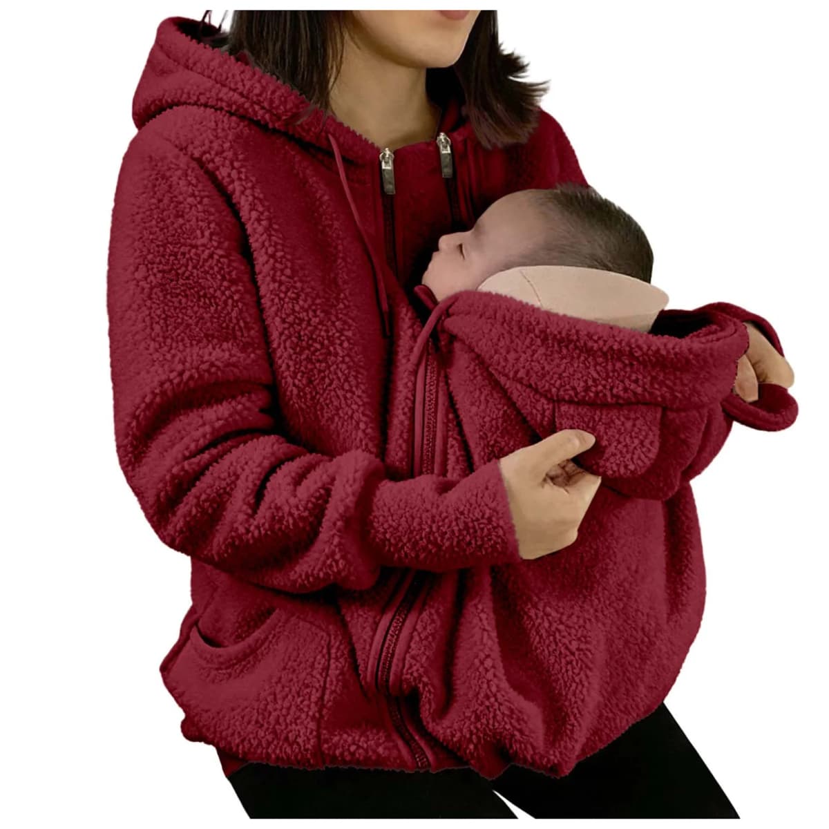 2 in 1 Warm Fleece Hoodie Coat with Baby Carrier Long Sleeve Faux Fur Plush Sweatshirt Outdoor Mom's Hoodie Jacket Baby Bag