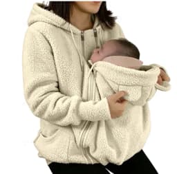2 in 1 Warm Fleece Hoodie Coat with Baby Carrier Long Sleeve Faux Fur Plush Sweatshirt Outdoor Mom's Hoodie Jacket Baby Bag