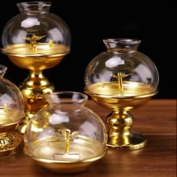 Golden Oil Lamp For Buddha With Glass Windproof Cover,Metal Buddhist Lantern Burner,Religious Candlestick Item