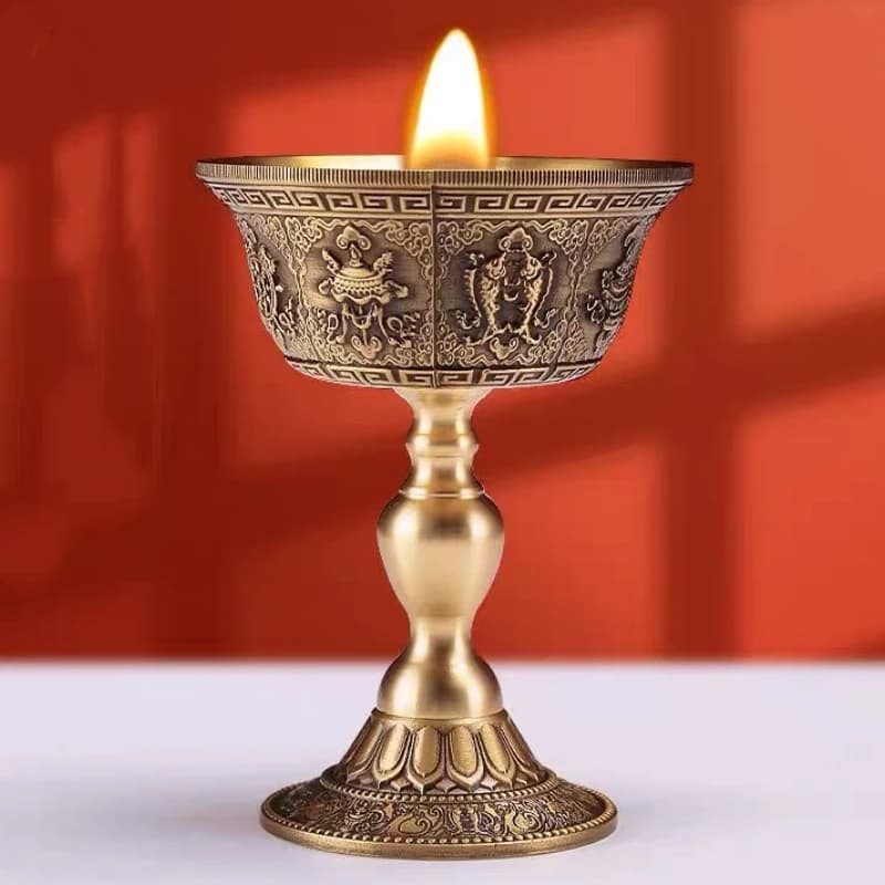 Tibetan Candlestick,Brass Candle Cup Engraved Eight Auspicious Bronze,Buddhist Handicraft Tantric Lamp Altars Desktop Decorative