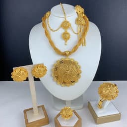 Ethiopian Dubai 24k Plated Gold 6PCS Jewelry Set For Woman African Indian Big Pendant Necklace Wedding Engagement Gifts