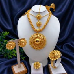Ethiopian Dubai 24k Plated Gold 6PCS Jewelry Set For Woman African Indian Big Pendant Necklace Wedding Engagement Gifts