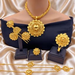 Ethiopian Dubai 24k Plated Gold 6PCS Jewelry Set For Woman African Indian Big Pendant Necklace Wedding Engagement Gifts