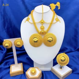 Ethiopian Dubai 24k Plated Gold 6PCS Jewelry Set For Woman African Indian Big Pendant Necklace Wedding Engagement Gifts