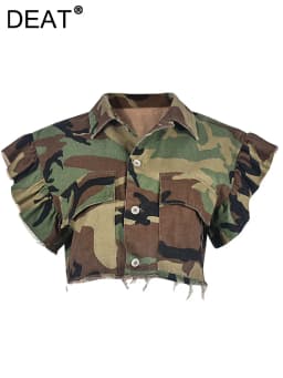 DEAT Fashion Women Jacket Turn-down Collar Butterfly Sleeve Single Breasted Camouflage Print Short Coat Spring 2025 New 17A7035