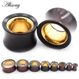 Alisouy 1PC 8-25mm Wood Hollow Gold Color Stainless Steel Ear Tunnel Plug Expander Stretcher Gauge Earring Piercing Body Jewelry