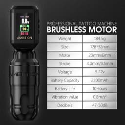 Ambition Lutin Stroke 4.0+3.5mm Straight Rod Rotaty Tattoo Machine Tattoo Pen Brushless Motor Match 2200mAh RCA Wireless Battery