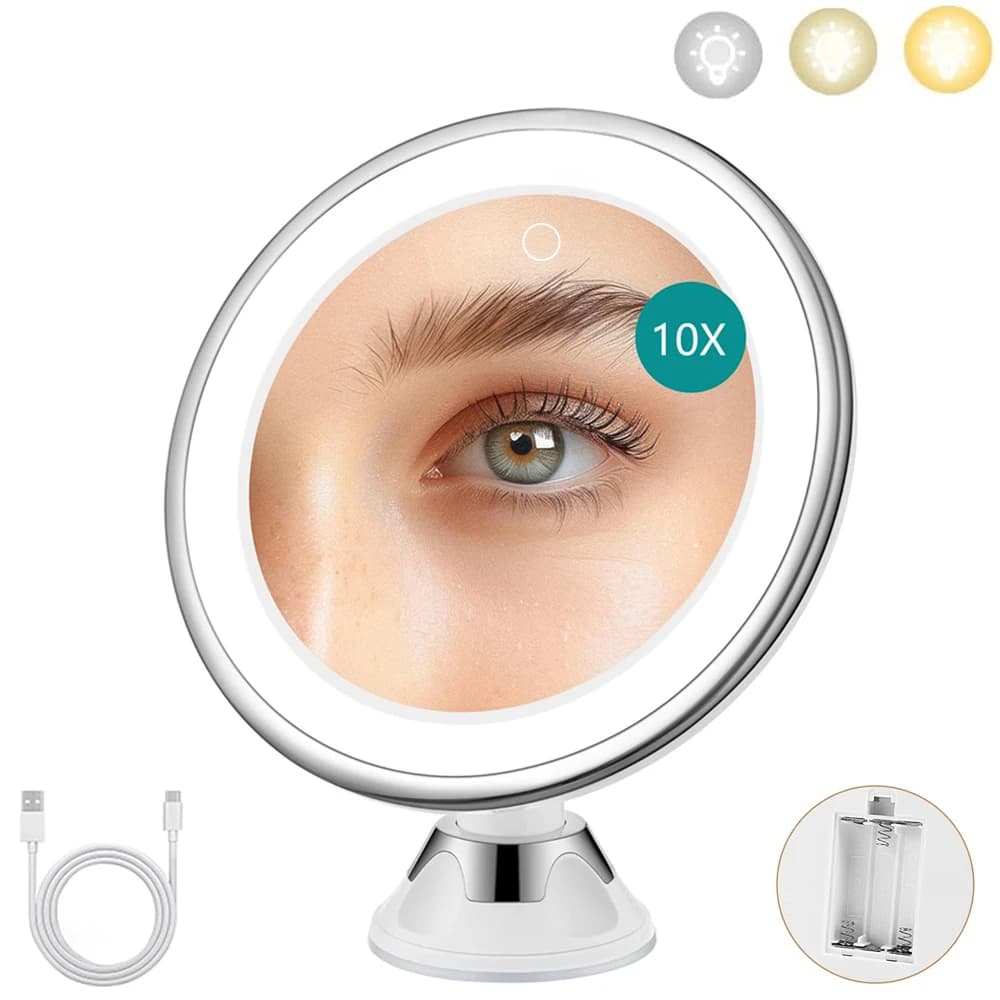 LED Makeup Magnifying Mirror 3 Light Colors Illuminated with 10x Magnification and Suction Cup 360° Rotation Brightness Dimmable