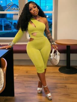 Joskaa Sexy One Shoulder Hollow Out Long Sleeve Bodycon Capri Jumpsuit Women Party Club One Piece Rompers Y2k Streetwear