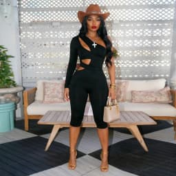 Joskaa Sexy One Shoulder Hollow Out Long Sleeve Bodycon Capri Jumpsuit Women Party Club One Piece Rompers Y2k Streetwear