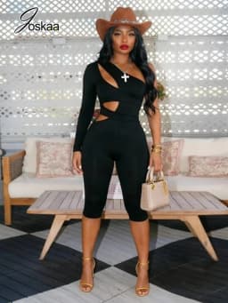 Joskaa Sexy One Shoulder Hollow Out Long Sleeve Bodycon Capri Jumpsuit Women Party Club One Piece Rompers Y2k Streetwear