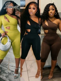 Joskaa Sexy One Shoulder Hollow Out Long Sleeve Bodycon Capri Jumpsuit Women Party Club One Piece Rompers Y2k Streetwear