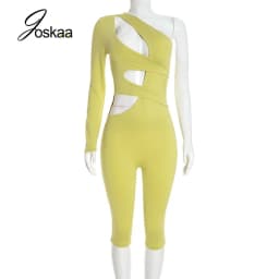 Joskaa Sexy One Shoulder Hollow Out Long Sleeve Bodycon Capri Jumpsuit Women Party Club One Piece Rompers Y2k Streetwear